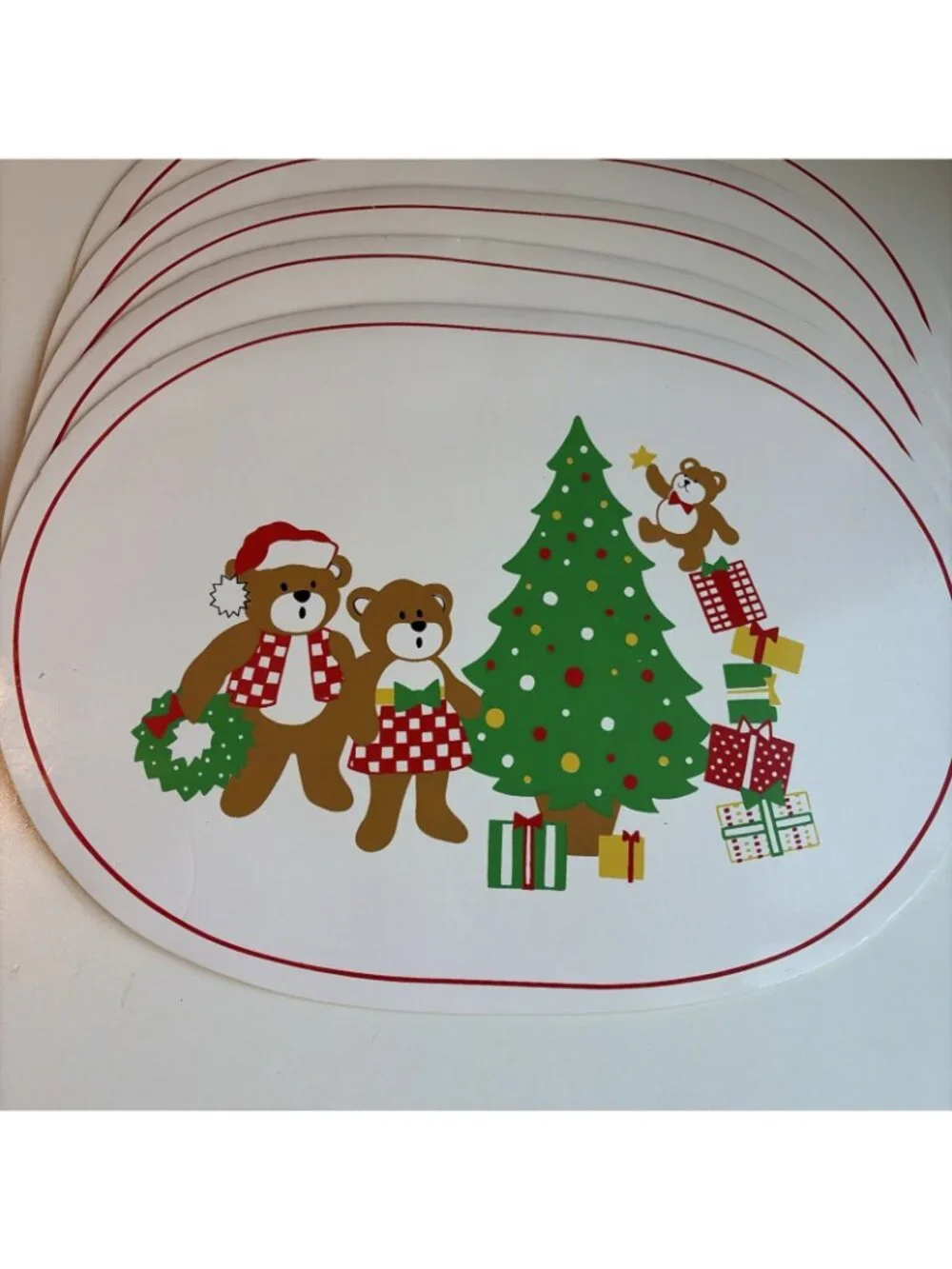 VTG Christmas Teddy Bear Placemat Set of 6 Vinyl Holiday Kitschy 80s 90s Retro